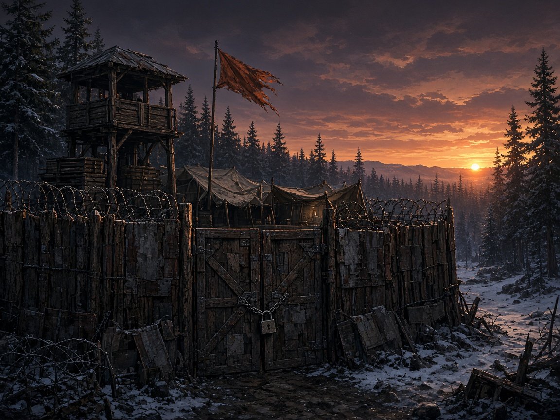 Fortified survivor base at dusk