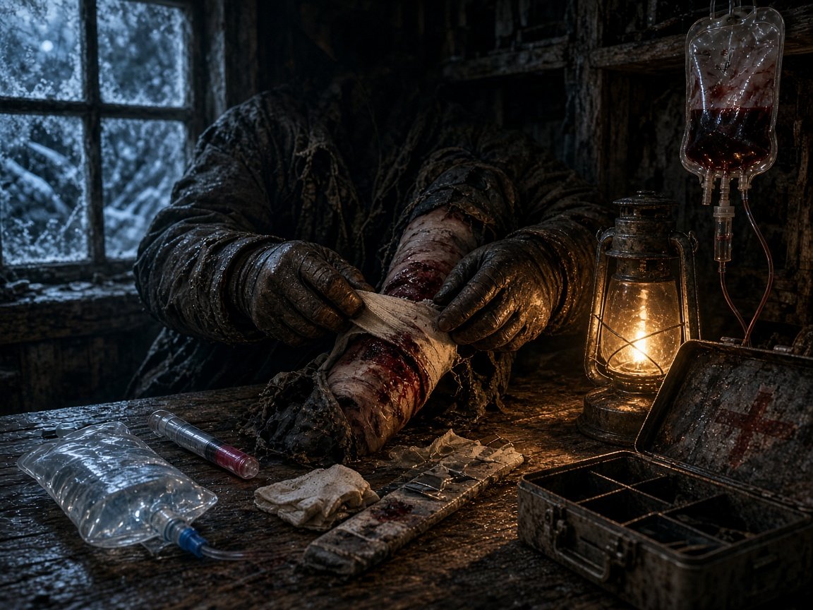 Survivor treating a wound by lantern light