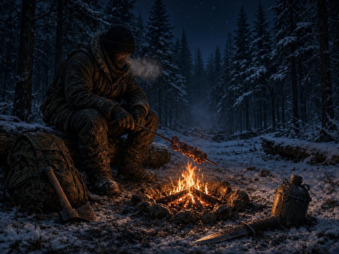 Survivor cooking over a campfire in the snow